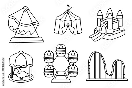 Set of amusement park carnival icons hand drawn, doodle elements, vector illustrations. Carousels, roller coaster, circus, swings, ferris wheel, entertainment park playground, night market