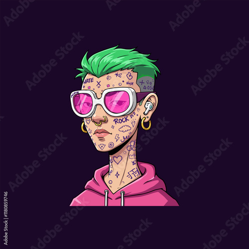 A stylized illustration of a trendy young woman with green hair numerous tattoos and pink accessories.