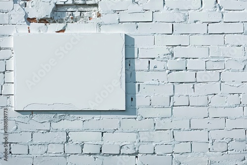 Blank white signboard on a painted brick wall background with copy space, suitable for text or logo placement in urban settings. photo