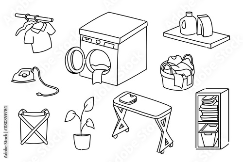 •	set of laundry room equipment icons hand drawn, doodle elements, vector illustrations. washing machine, detergent, laundry basket, folded clothes, dirty clothes on buckets, clothes hanging on hanger