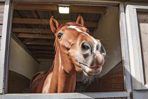 Horse sticking its head out of a stable with lips puckered, like it’s posing for a selfie photo