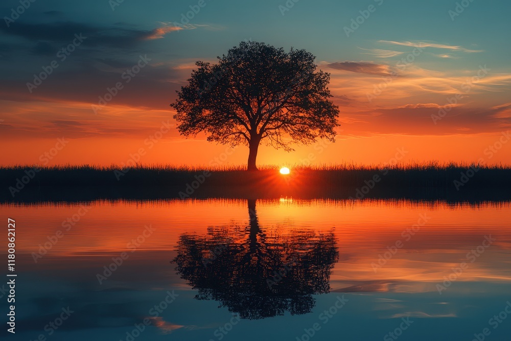 Fototapeta premium Stunning sunset over calm waters with a solitary tree silhouetted against colorful sky