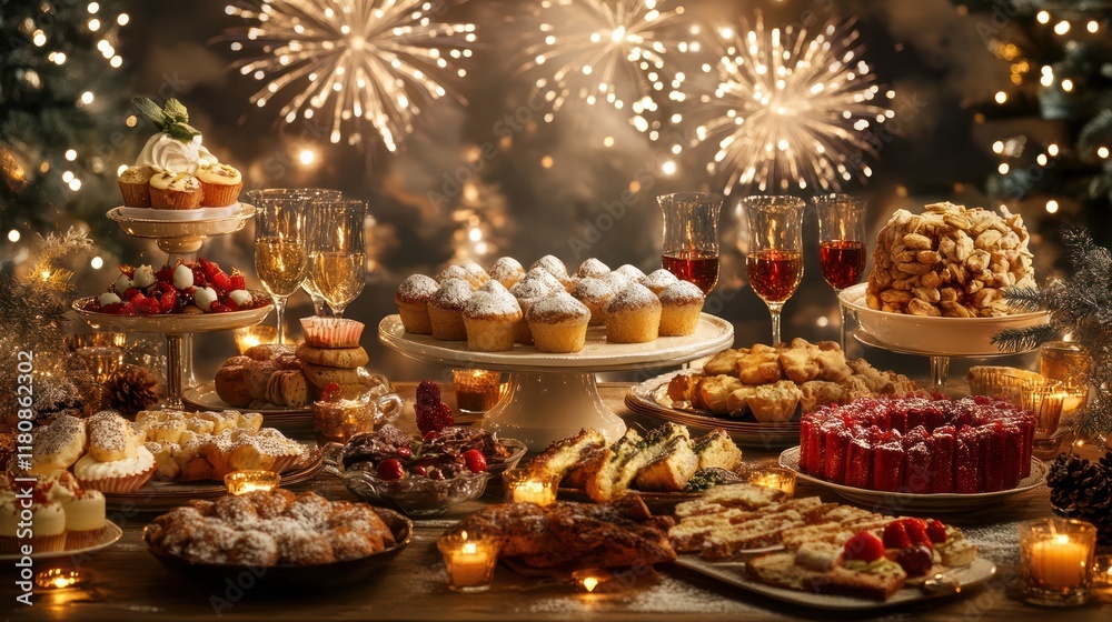 Festive New Year's Eve dessert table with fireworks