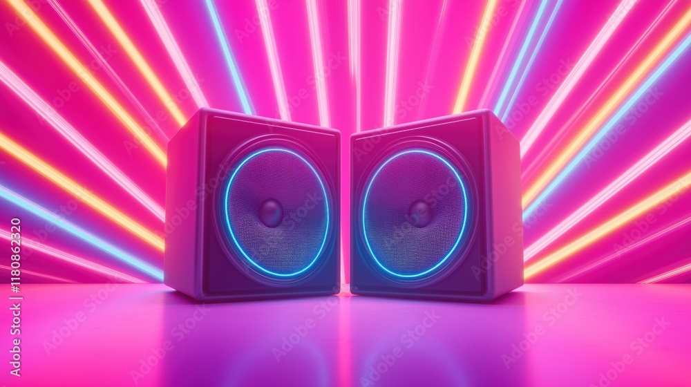 Colorful audio speakers with neon lights illuminating a vibrant background in a modern setting.