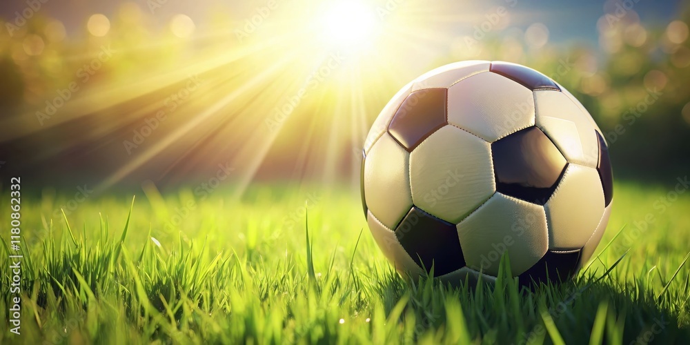 Fototapeta premium Close-up of a soccer ball on lush green grass with subtle shadows and reflections , equipment, recreation, equipment