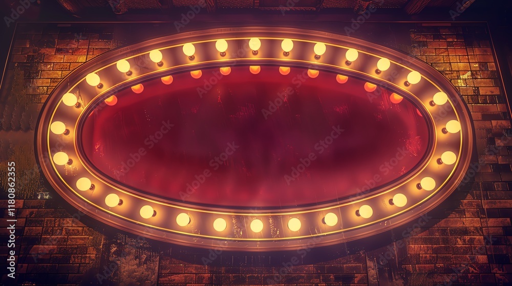 Obraz premium Vintage theater stage with bright lights and red curtain, perfect for performing arts, drama, and entertainment themes.