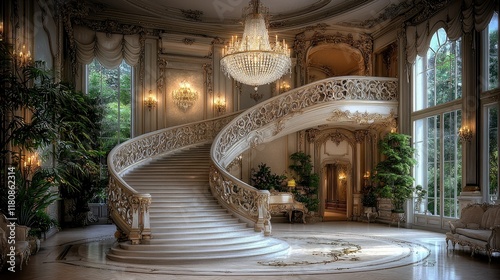 Grand Mansion Featuring Ornate Staircase and Crystal Chandelier photo