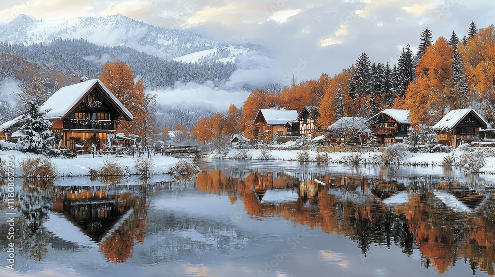 Obraz premium Alpine Village Winter Scene Reflected in Calm Water