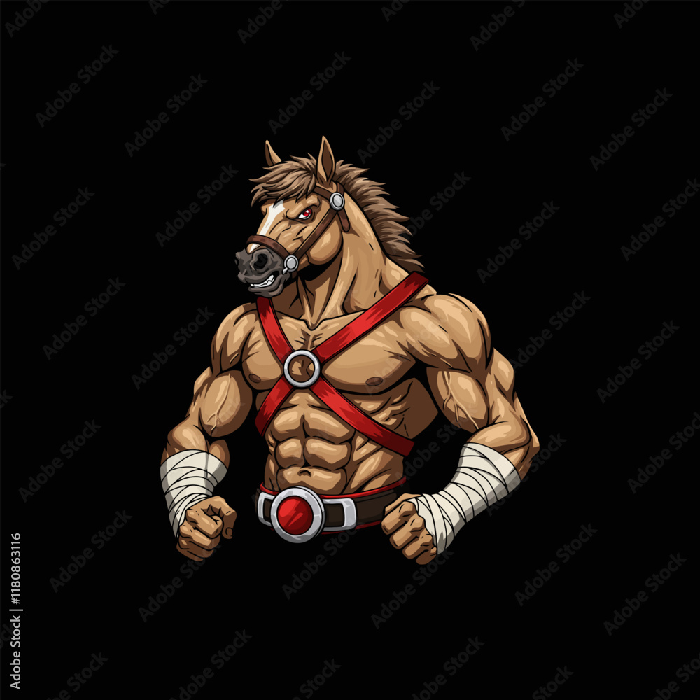 A powerful illustration depicts a muscular horse with a human-like physique, ready for combat.  The image showcases strength and determination.