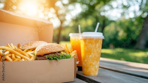 Close-up of fast food hamburgers, fries and drinks on a park bench, on a green background.