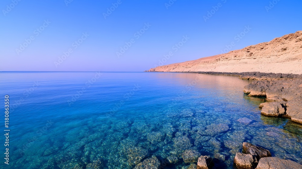 Obraz premium A serene coastal view with clear waters and rocky shoreline under a blue sky.