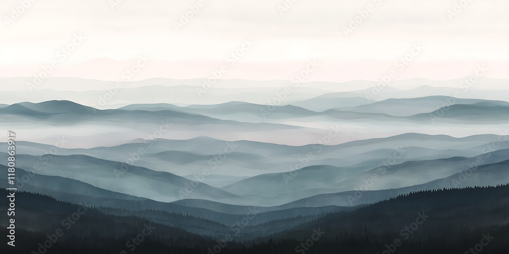 Obraz premium Misty mountain range, serene landscape, tranquil nature, background wallpaper.