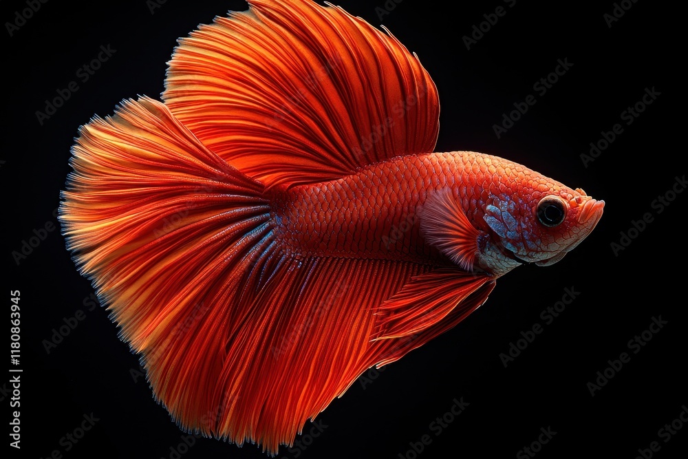 Vibrant red betta fish swimming gracefully in dark water with flowing fins and vivid colors Vibrant red betta fish swimming gracefully in dark water with flowing fins and vivid colors