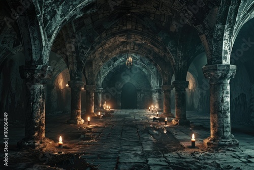 High Quality Picture of Endless Medieval Catacombs with Torches