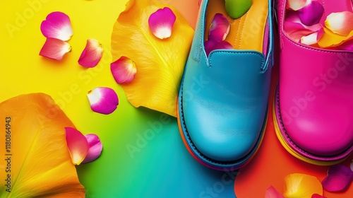 The contrast between the polished leather and the kaleidoscope of colors creates a striking visual harmony