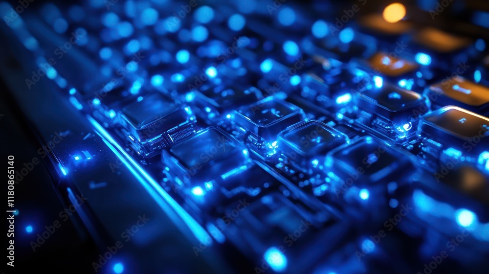 Glowing Blue Keyboard, Close-up, Dark Room, Tech Background, Website Design Glowing Blue Keyboard, Close-up, Dark Room, Tech Background, Website Design