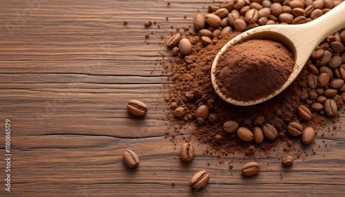 An arrangement of aromatic roasted coffee beans and finely ground coffee, with a wooden spoon nestled amongst them, displayed on a rich, dark-grained wooden background.