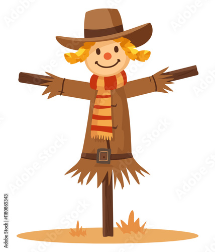 Scarecrow Girl Standing in a Field Flat Vector Illustration