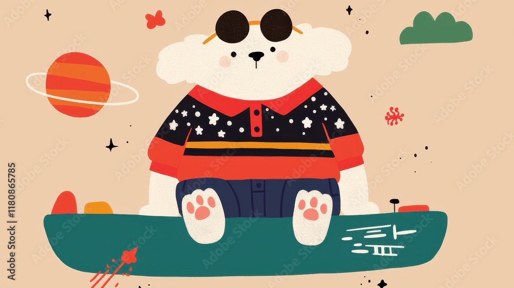 Fototapeta premium Puppy concept. Whimsical and charming depicting a cute chubby puppy exploring the wonders of the cosmos surrounded by planets stars and a vibrant fantastical space themed landscape
