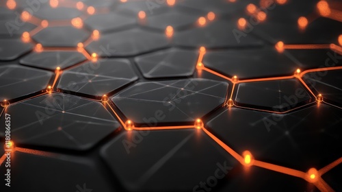 Abstract honeycomb network structure with glowing orange connections