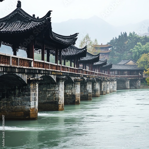 Traditional bridge over a serene river with lush surroundings.