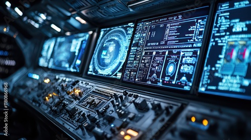 Fototapeta Naklejka Na Ścianę i Meble -  AI controls space station operations via cybernetic interfaces in orbit.