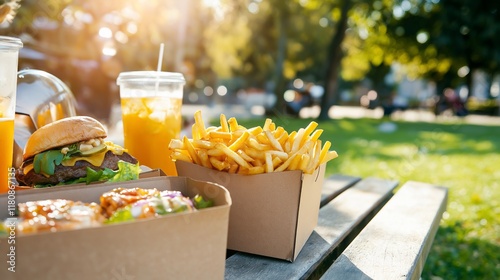 Close-up of fast food hamburgers, fries and drinks on a park bench, on a green background.