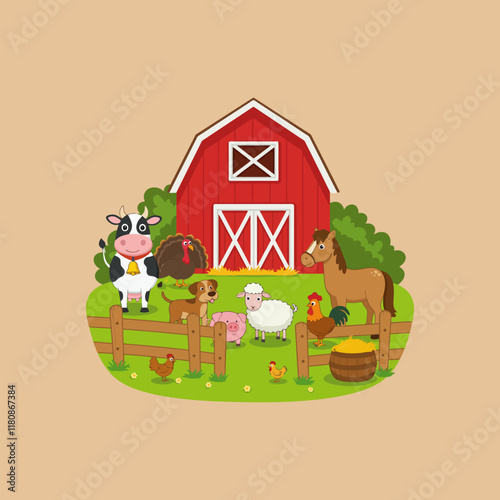 A cartoon illustration depicts various farm animals near a red barn, enjoying a peaceful day on the farm.