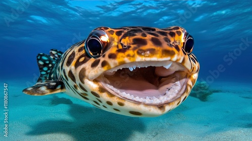 Close-Up Portrait of a Spotted Wobbegong Shark with Open Mouth Underwater photo