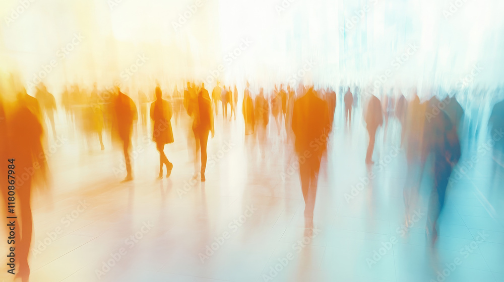 Obraz premium Abstract Blurred Motion Photography of Walking People Silhouettes in Warm Light Against Blue