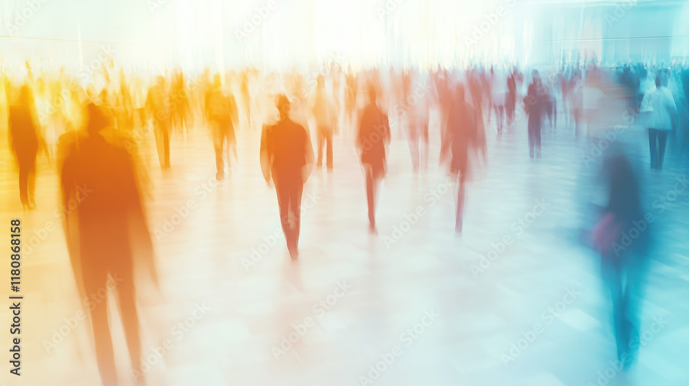 Fototapeta premium Abstract Blurred Motion Photography of Walking People Silhouettes in Warm Light Against Blue
