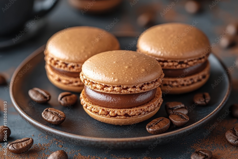 Delicious chocolate macarons served on a dark plate with coffee beans arranged around them in a cozy setting Delicious chocolate macarons served on a dark plate with coffee beans arranged around them in a cozy setting