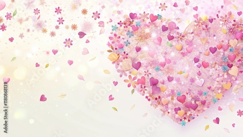 Colorful pink heart confetti falling on a white background with delicate floral patterns and subtle texture, pastel colors, whimsical design