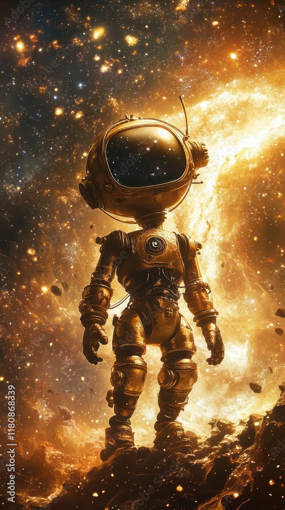 Fototapeta premium Golden Robot Astronaut Explores a Cosmic Nebula