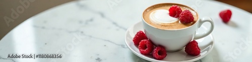 Raspberries and cappuccino coffee in a elegant white bowl on a marble table, breakfast, decor, dessert photo