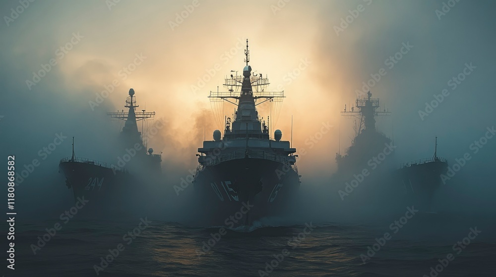 Mysterious Warships Emerging from Fog at Dawn Mysterious Warships Emerging from Fog at Dawn