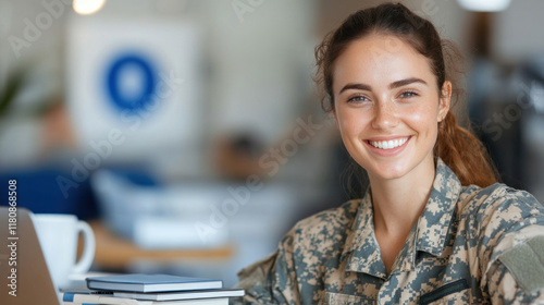 Australian woman in army uniform smiling, working with a laptop at tent