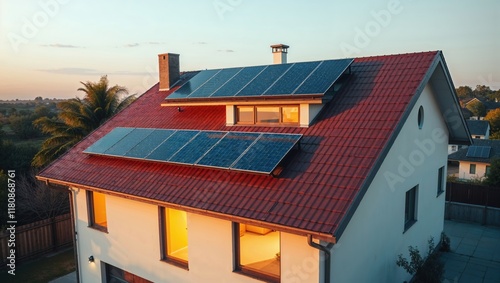 Solar panels installed on a modern home at sunset, showcasing sustainable energy use in residential areas