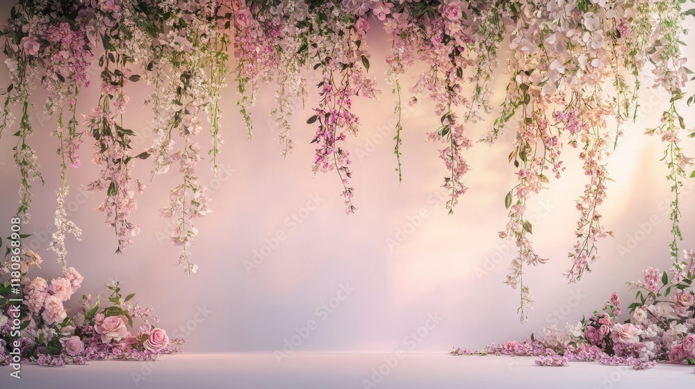 Obraz premium Enchanting Floral Stage Backdrop in Soft Pastel Tones for Romantic Events