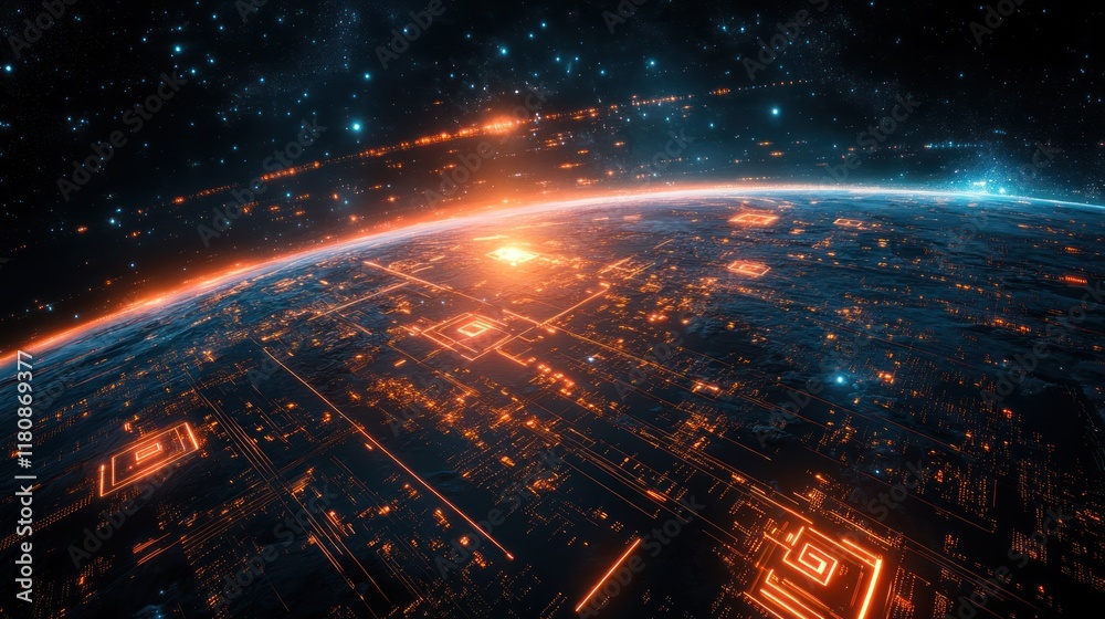 Fototapeta premium Futuristic Earth sunrise; circuit board planet, space background; tech concept