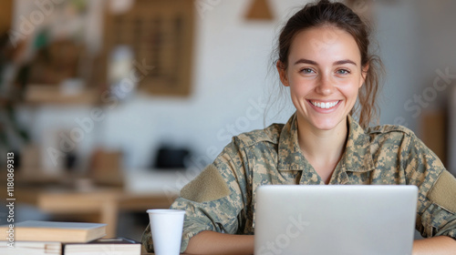 Australian woman in army uniform smiling, working with a laptop at tent