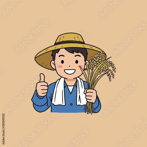A cheerful cartoon farmer holds a bundle of rice and gives a thumbs up gesture, symbolizing a successful harvest.