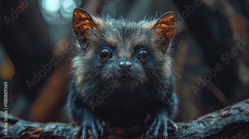 Close-up Portrait of an Adorable, Mysterious Animal in the Dark Forest.  A Captivating Look into the Wild, Showing Intriguing Details of its Fur and Eyes. photo