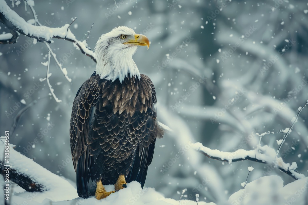 Winter scene featuring Bald Eagle American symbol in natural habitat. Winter scene featuring Bald Eagle American symbol in natural habitat.