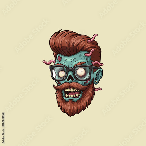 A cartoon illustration of a zombie hipster with worms in his hair wearing glasses.