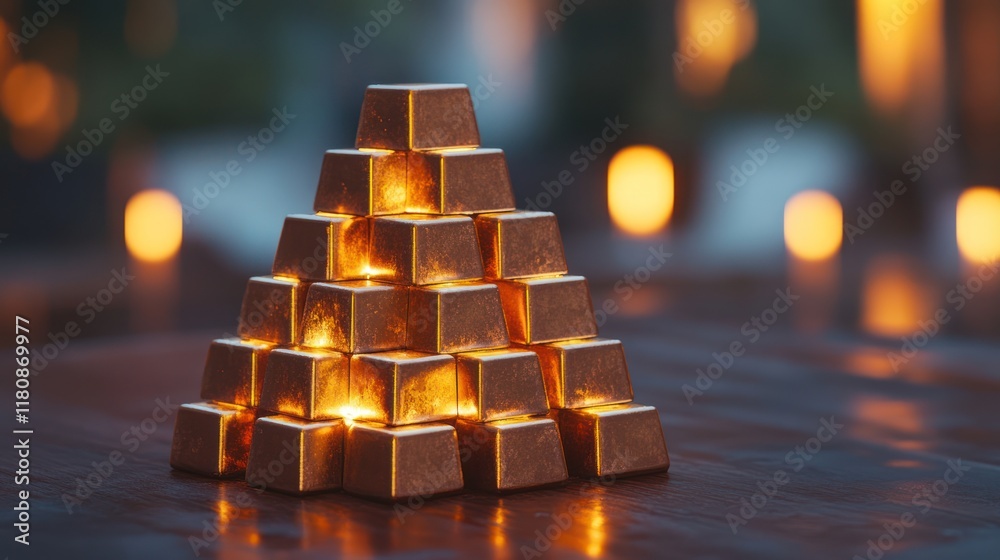 Glowing gold cubes pyramid, candlelight background, success concept Glowing gold cubes pyramid, candlelight background, success concept