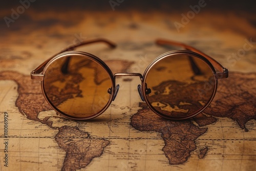 Vintage round sunglasses placed on an old world map highlighting travel and adventure themes photo