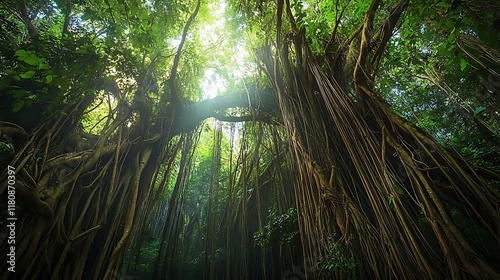 Majestic Banyan Tree in Lush Tropical Forest