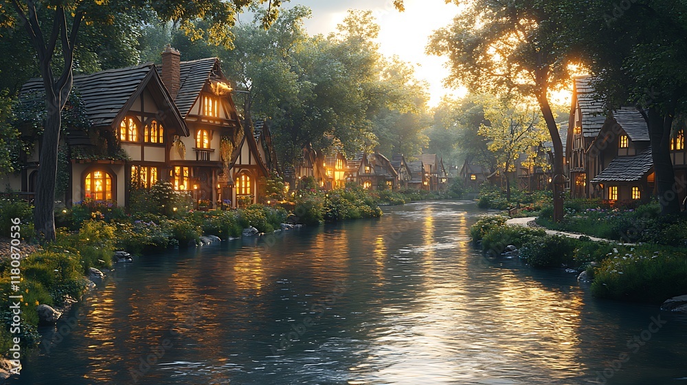 Fototapeta premium Charming Riverside Village Cottages Glowing Windows Sunset Scenic Reflection View Photo