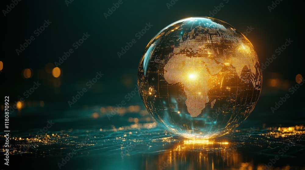 Illuminated glass Earth globe on dark tech surface Illuminated glass Earth globe on dark tech surface